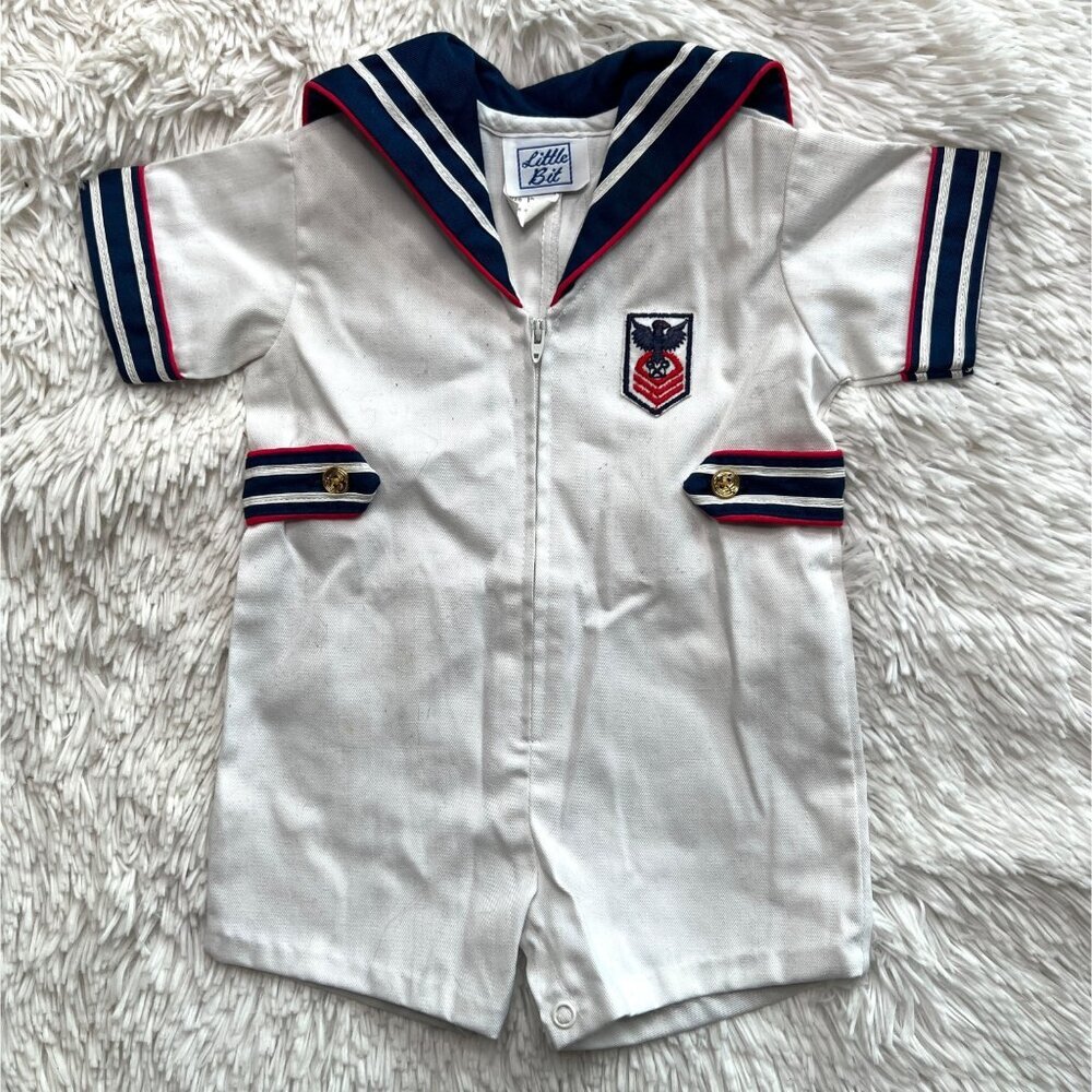 Vintage Little Bit Sailor Baby Romper‎ & Snap Closure 12 Mos